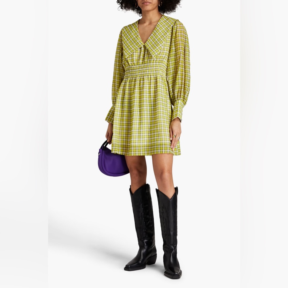 GANNI Chartreuse Checkered Long Sleeve Dress